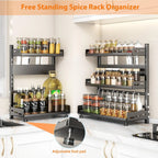 Adjustable Spice Storage Rack for Countertop 2 Tier or 3 Tier Metal Kitchen Organizer Shelf with Drawer Black