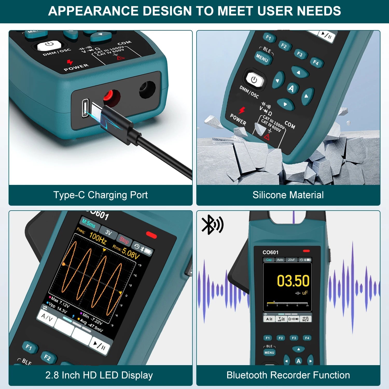 Digital Clamp Meter with Oscilloscope – AC/DC Voltage & Current Tester, Bluetooth Data Logging