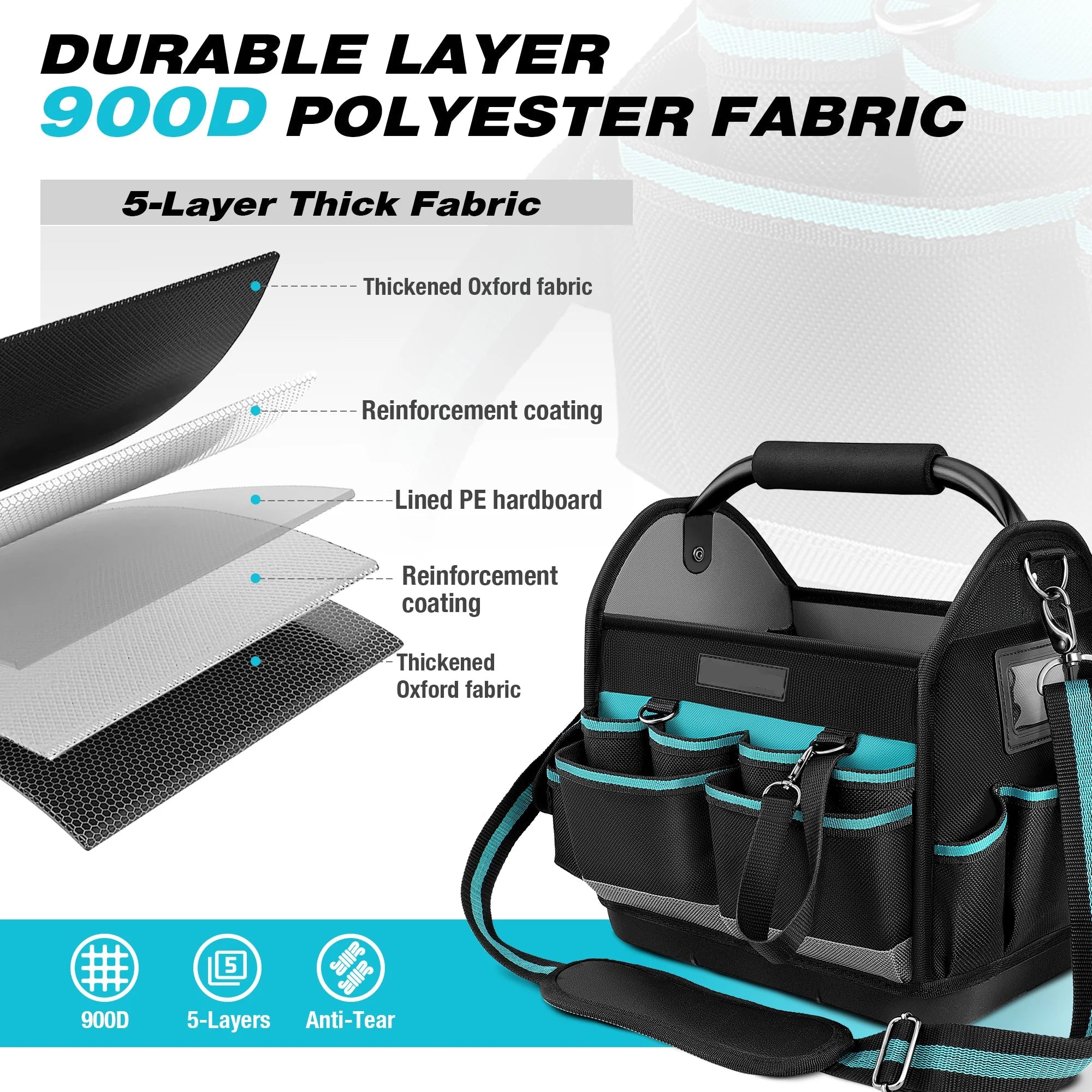 Portable 12 Inch Tool Tote Bag with Wide Mouth Opening and Multiple Storage Pockets