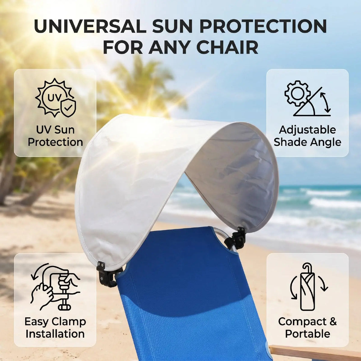 Clip-On Chair Sunshade Foldable Adjustable Canopy for Beach Camping Fishing and Outdoor Use