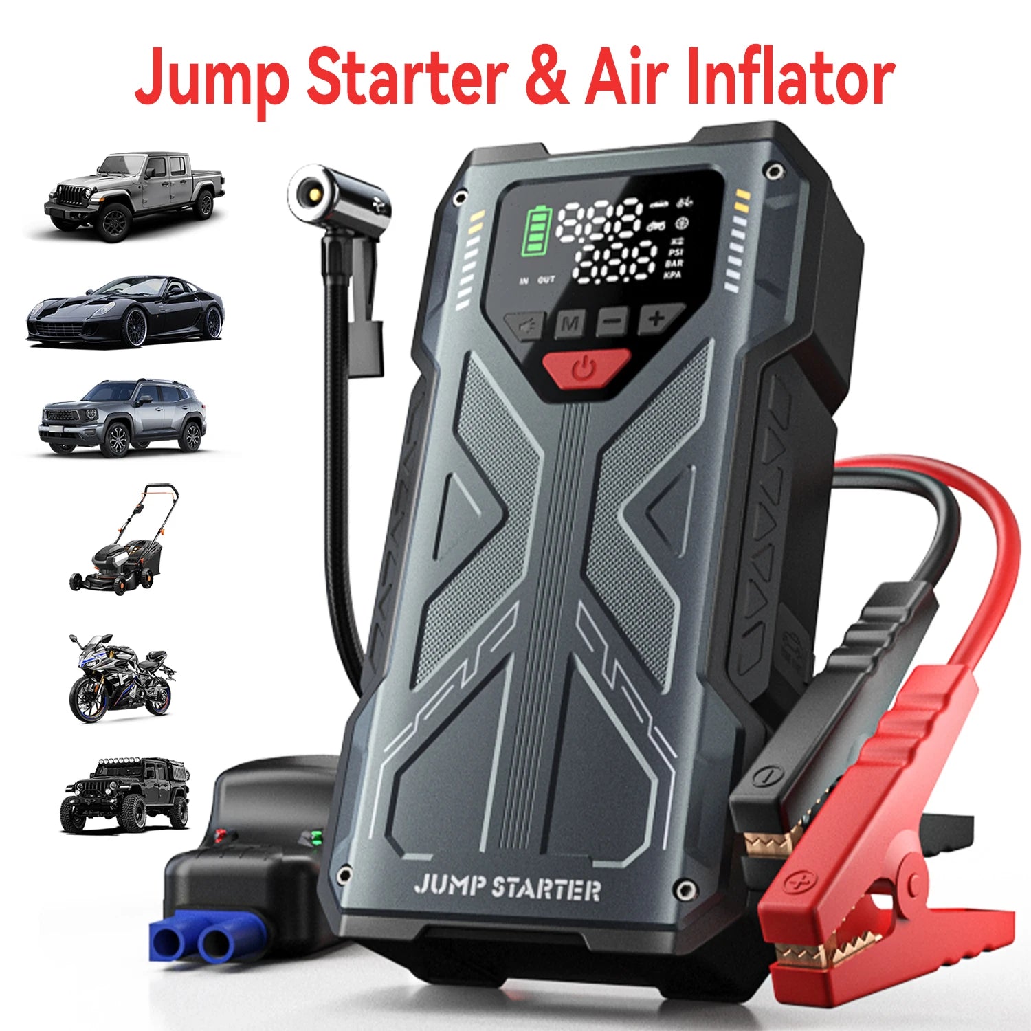 2-in-1 Jump Starter 6000A with Air Compressor Portable 12V Battery Booster and Inflator