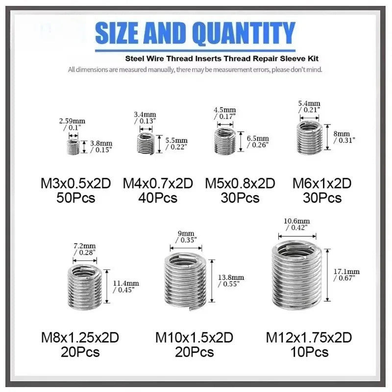 Threaded Insert Repair Kit 200 Piece Stainless Steel Thread Repair Set M3-M12 for Metalworking