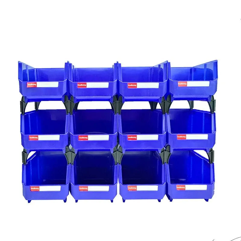 12 Piece Stackable Storage Bin Organizer Set with Dividers and Labels for Tools Parts Desk Storage