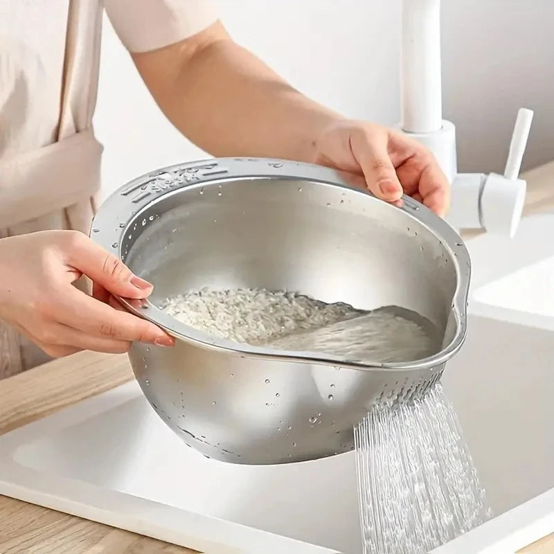 Stainless Steel Rice Washing Bowl with Integrated Strainer Colander for Rice Fruit and Vegetable Washing