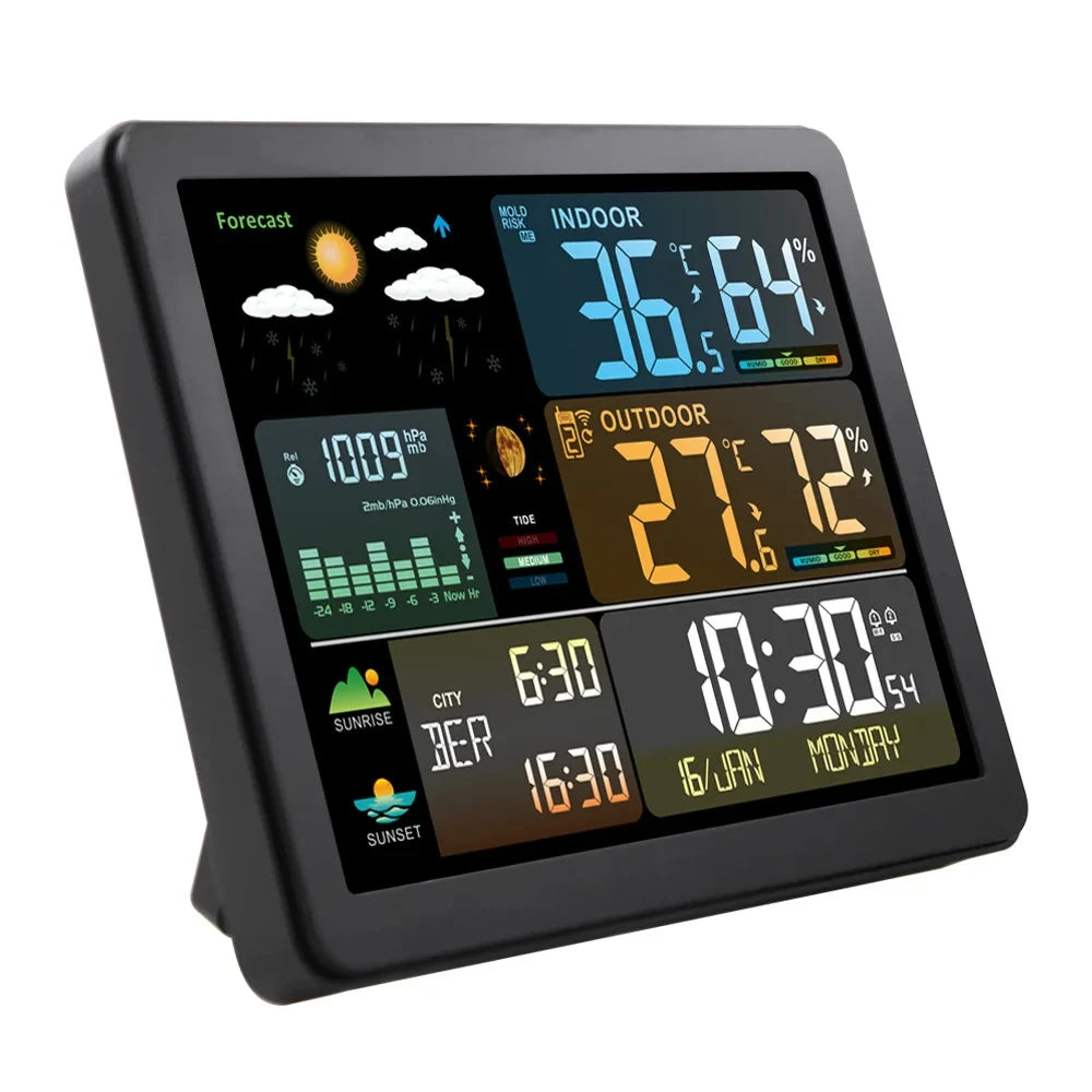 Wireless Digital Weather Station Clock with Indoor Outdoor Temperature Humidity Sensor and Forecast Display