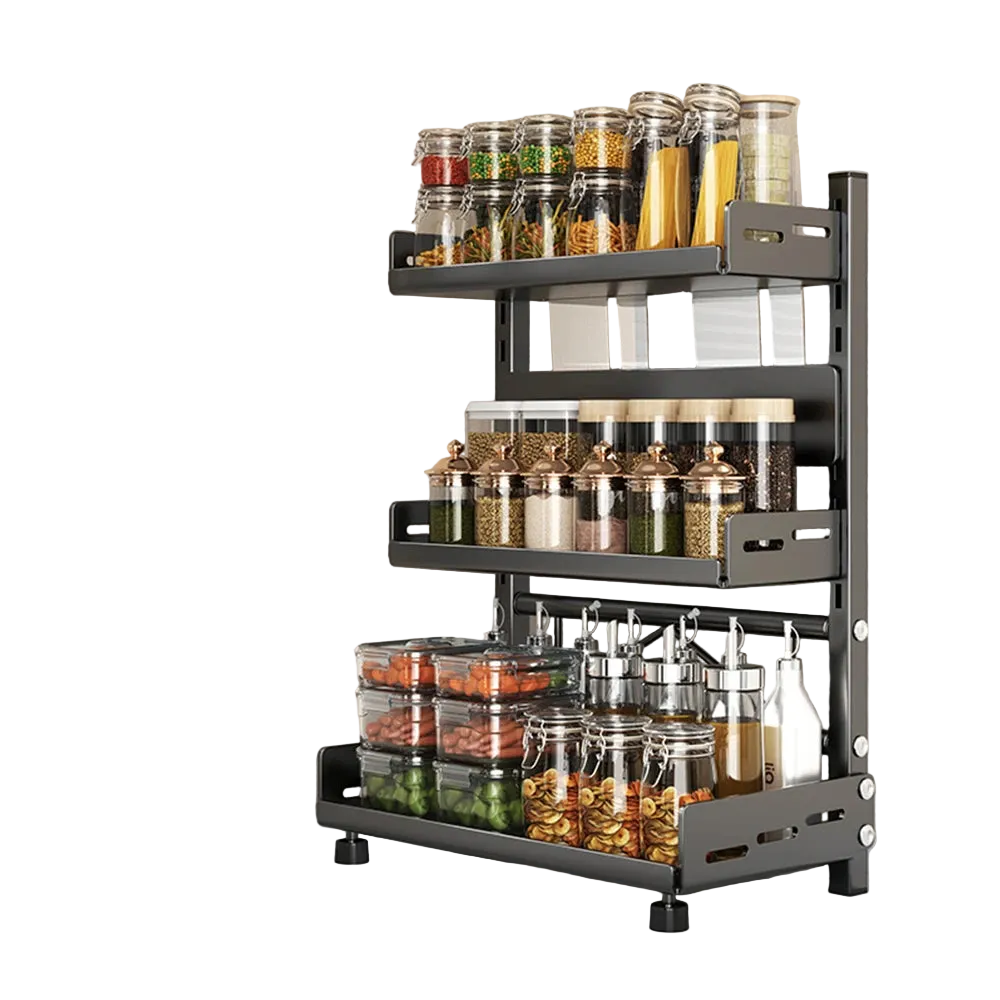 Adjustable Spice Storage Rack for Countertop 2 Tier or 3 Tier Metal Kitchen Organizer Shelf with Drawer Black