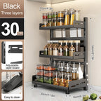 Adjustable Spice Storage Rack for Countertop 2 Tier or 3 Tier Metal Kitchen Organizer Shelf with Drawer Black