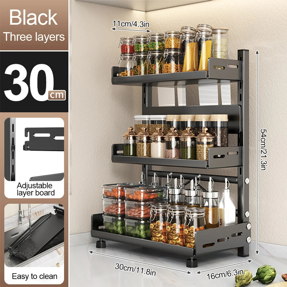 Adjustable Spice Storage Rack for Countertop 2 Tier or 3 Tier Metal Kitchen Organizer Shelf with Drawer Black