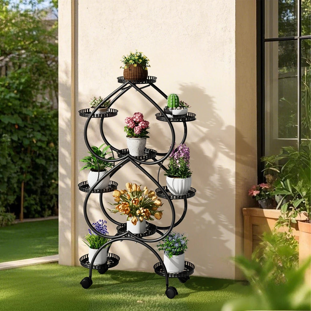 6-Tier Heart-Shaped Plant Stand with Wheels Metal Flower Rack for Indoor Outdoor Use