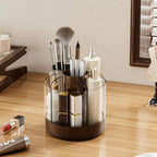 Rotating Makeup Brush Holder with 6 Compartments Acrylic Cosmetic Organizer and Wooden Base