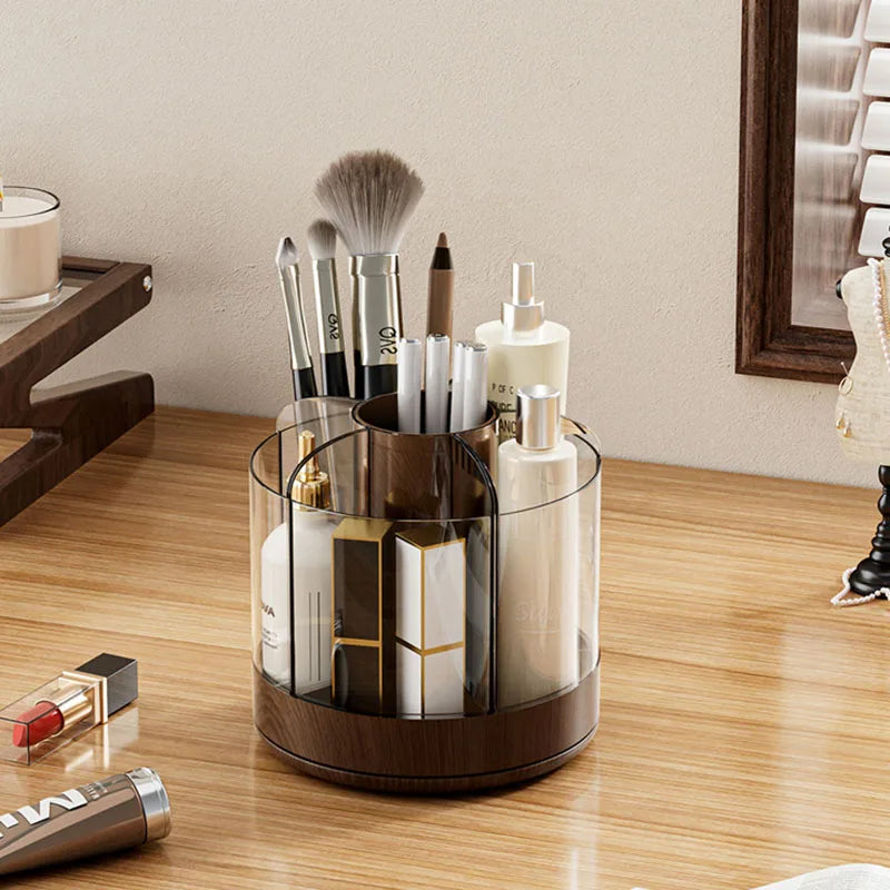 Rotating Makeup Brush Holder with 6 Compartments Acrylic Cosmetic Organizer and Wooden Base