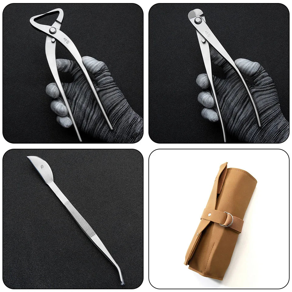 Professional 7-Piece Bonsai Tool Set with Eco-Leather Roll, 21cm Scissors & Tweezers