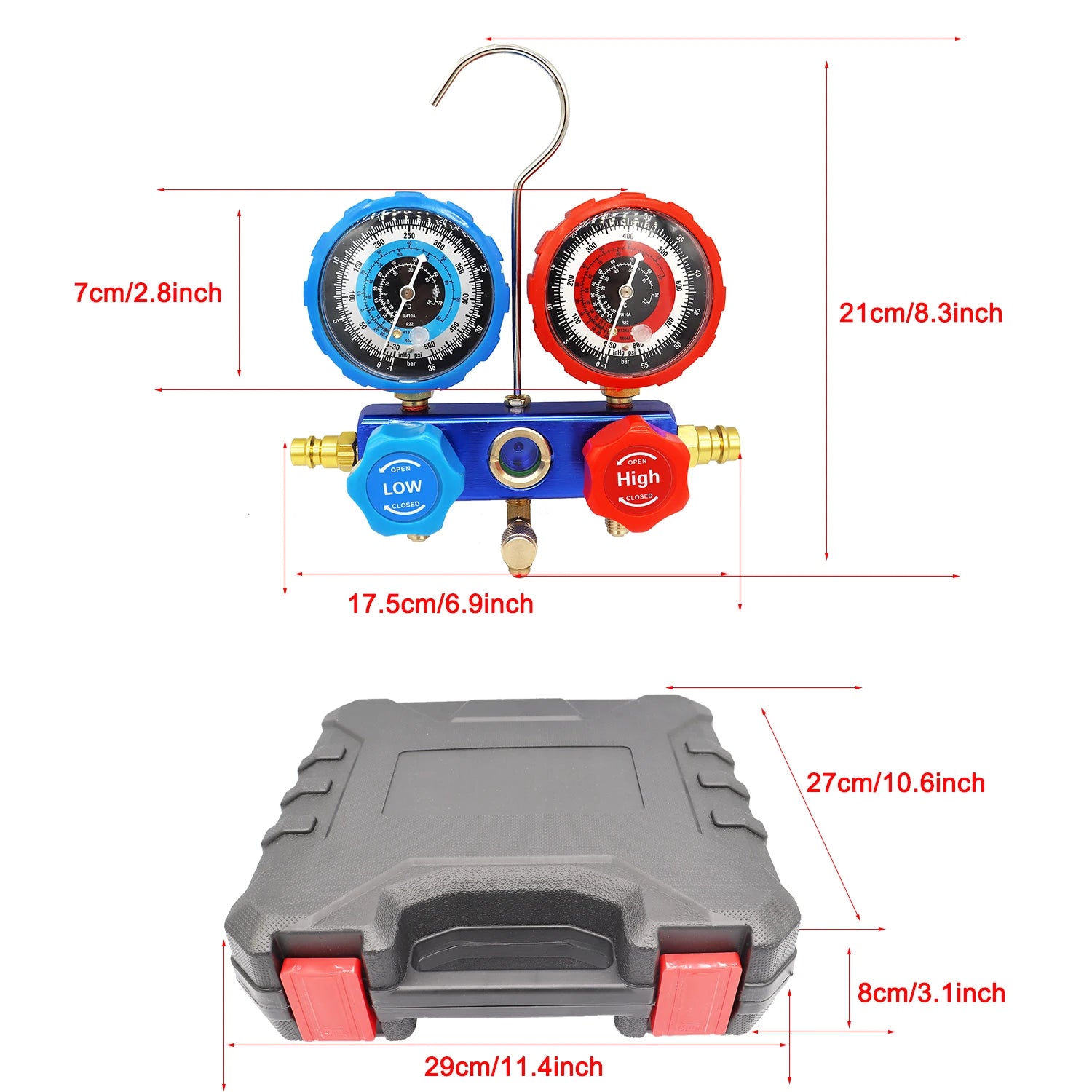 Automotive AC Manifold Gauge Set with Hoses Dual Pressure Gauges and Storage Case