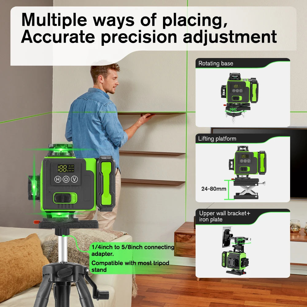 Rechargeable 16 Line Laser Level with APP Remote, Power Display and Adjustable Tripod