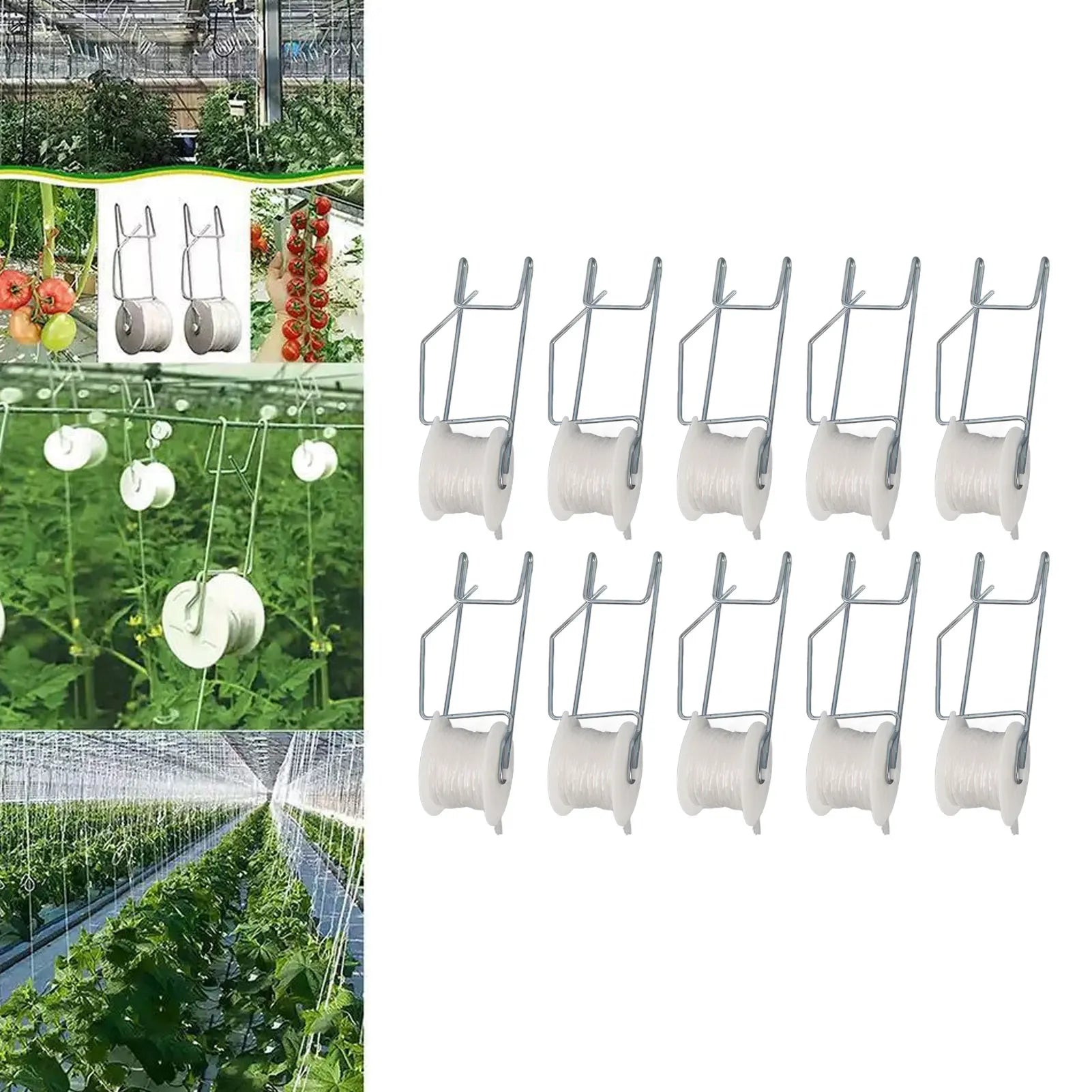10-Piece Tomato Trellis Roller Hooks with 1500cm Twine for Garden Vine Support and Vertical Plant Training