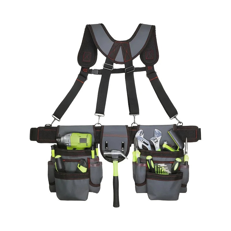 Heavy Duty 22 Pocket Tool Belt with Suspenders Adjustable Utility Work Belt for Construction and Repairs