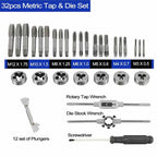 Tap and Die Set 32 Piece Metric Threading Tool Kit with Wrenches Pitch Gauge and Metal Case