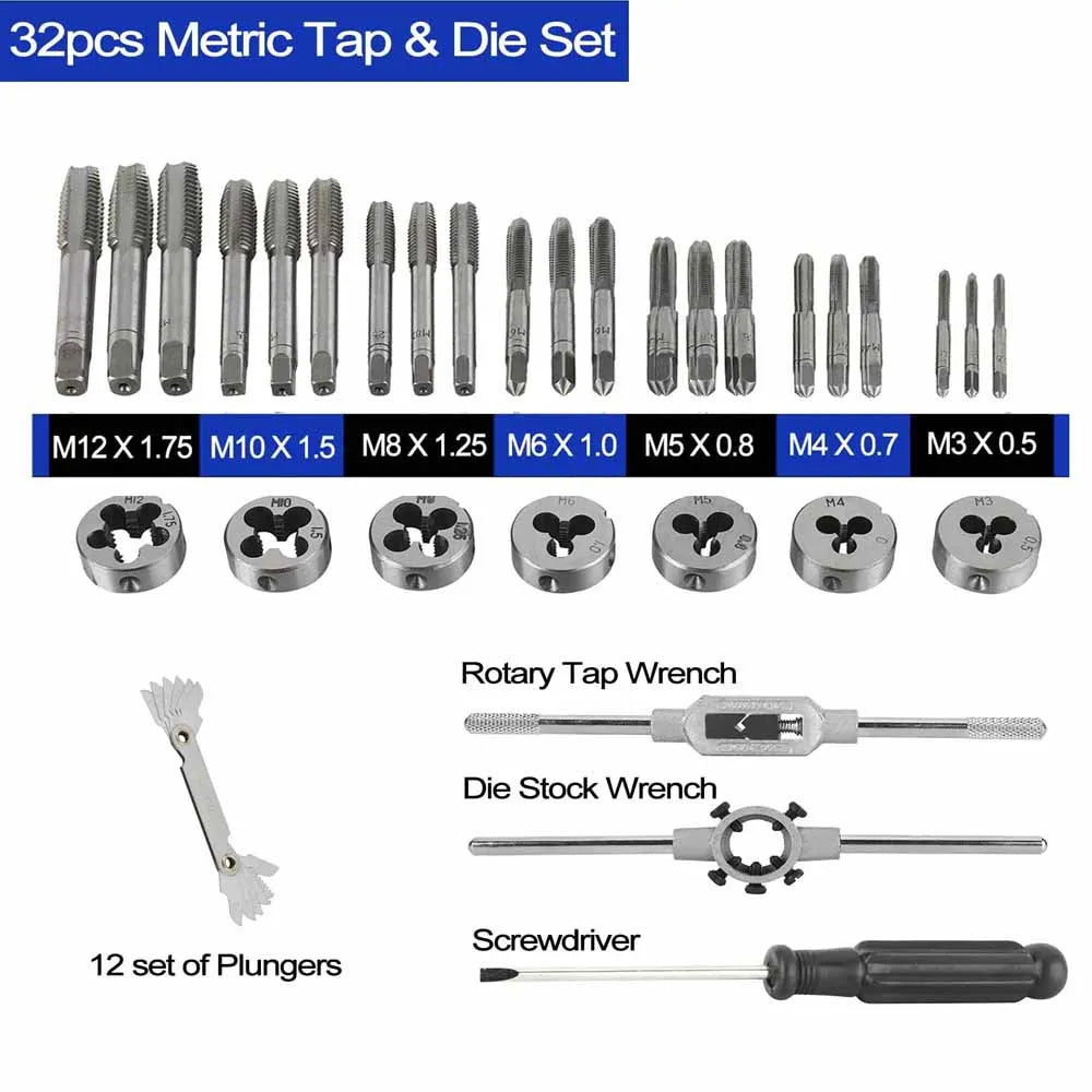 Tap and Die Set 32 Piece Metric Threading Tool Kit with Wrenches Pitch Gauge and Metal Case