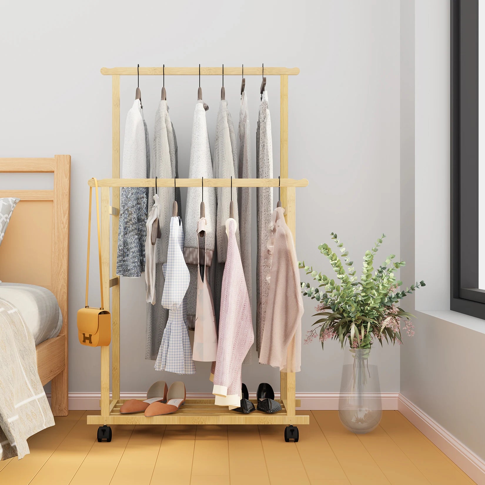 Bamboo Rolling Clothes Rack with Double Rails and Shelf Portable Open Wardrobe Storage