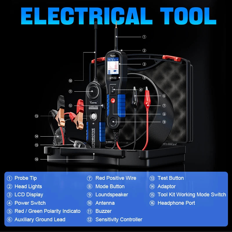 Automotive Power Circuit Probe Tester V200PRO 12V/24V with 120cm Cable and Fuse Testing