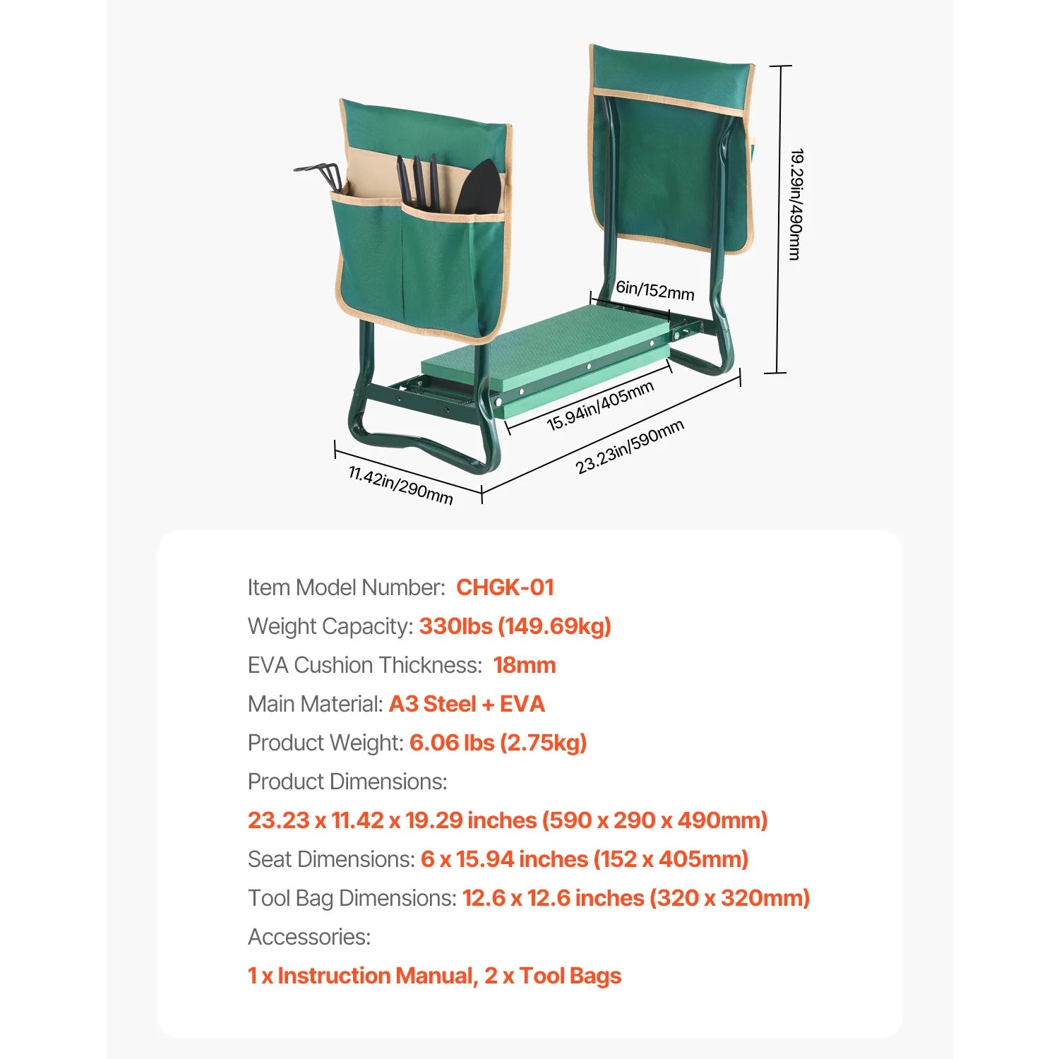 Heavy Duty Foldable Garden Kneeler and Seat with EVA Foam Pad and 2 Tool Pouches for Gardening