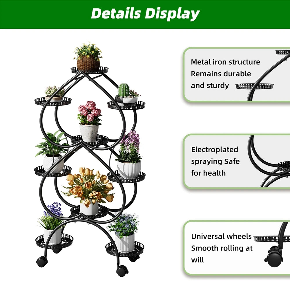 6-Tier Heart-Shaped Plant Stand with Wheels Metal Flower Rack for Indoor Outdoor Use