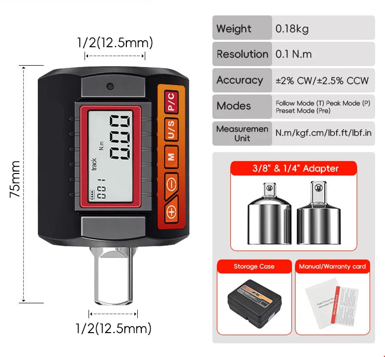 Digital Torque Adapter 1.27cm Drive with 3/8in and 1/4in Adapters for Vehicle and Workshop Repairs