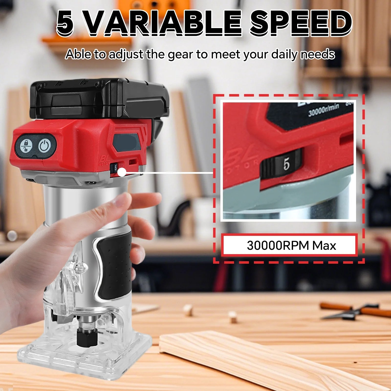 Cordless Wood Router 800W Brushless 30000RPM 5-Speed 18V Trimmer with 5 Router Bits