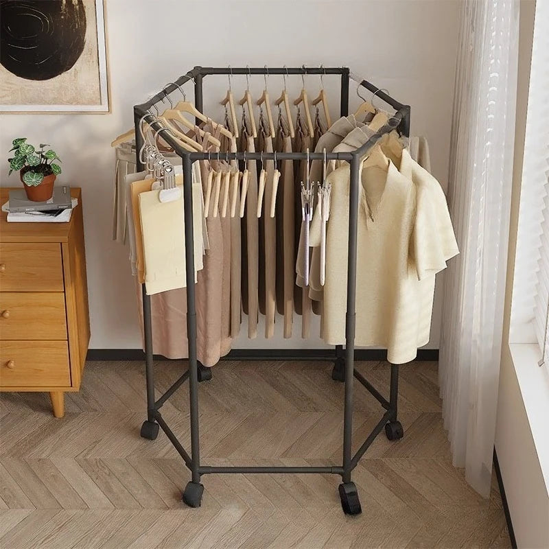 Hexagon Clothes Rack with Wheels Freestanding Metal Garment Rack Rotating Coat and Hat Storage Stand