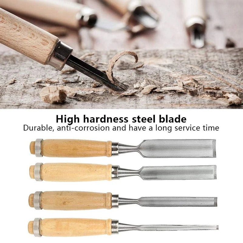 Professional 4PCS Wood Carving Chisels Set 6–24mm Ergonomic Handles for Woodworking DIY Craft Tools