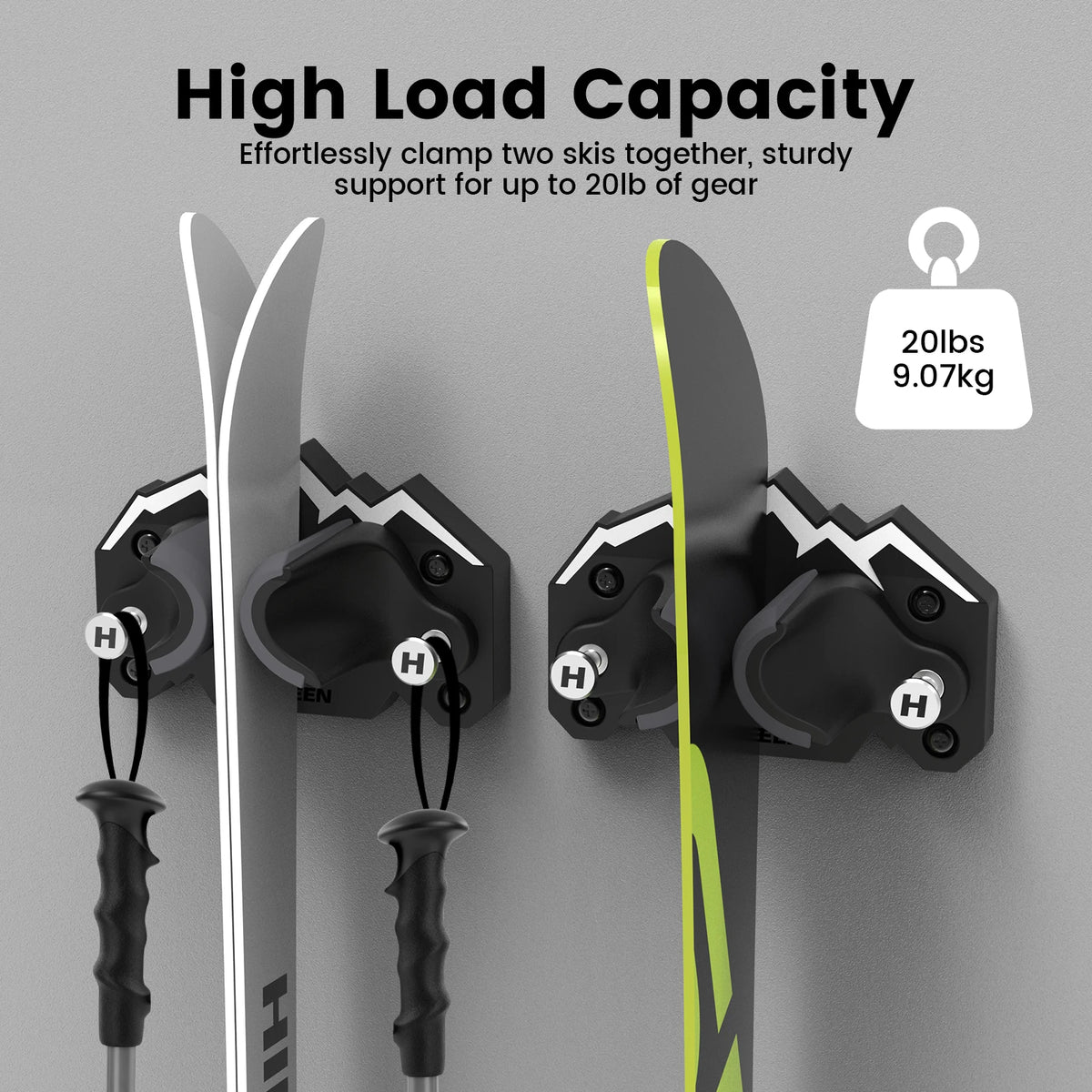 Ski and Snowboard Wall Mount Gravity Lock Storage Rack with TPE Pads and Utility Hook