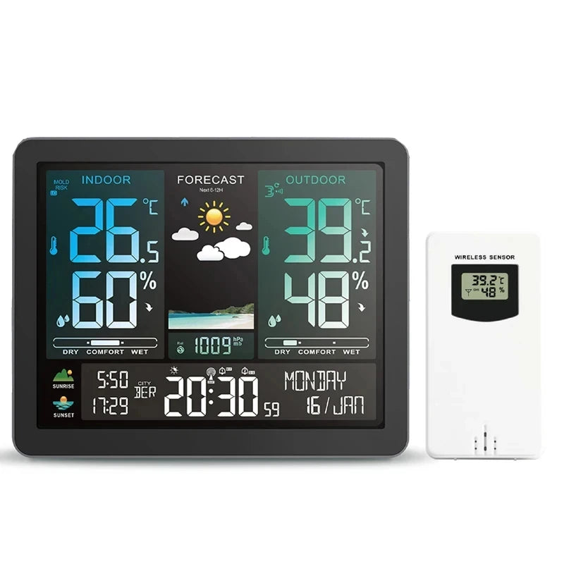 Wireless Digital Weather Station Clock with Indoor Outdoor Temperature Humidity Sensor and Forecast Display