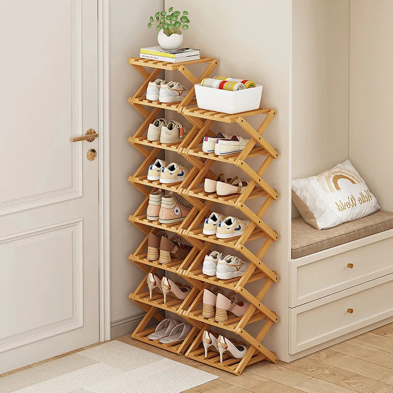 Foldable Bamboo Shoe Rack 5 Tier Space Saving Shoe Storage Organizer