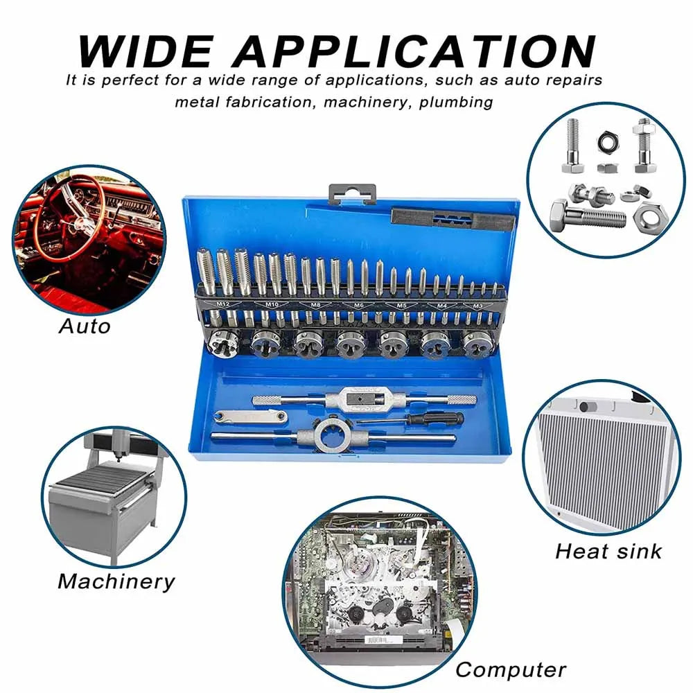 Tap and Die Set 32 Piece Metric Threading Tool Kit with Wrenches Pitch Gauge and Metal Case