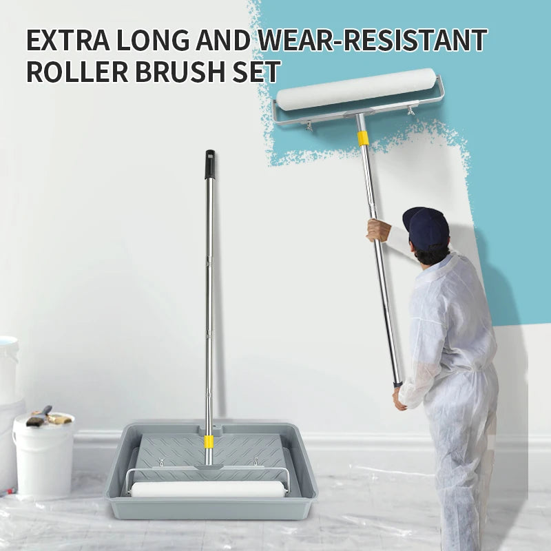 All-in-One Paint Roller Set with Tray Extension Handle and High Absorption Fiber Roller Brush
