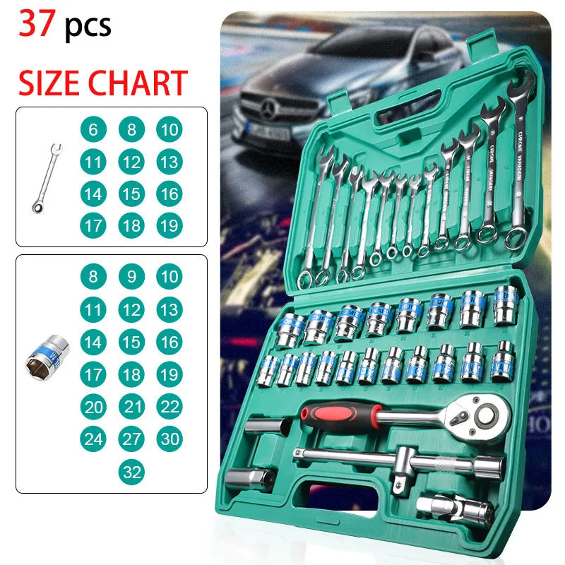 Heavy Duty 37-Piece Socket Wrench Ratchet Set with Carry Case for Automotive Repair and DIY Use
