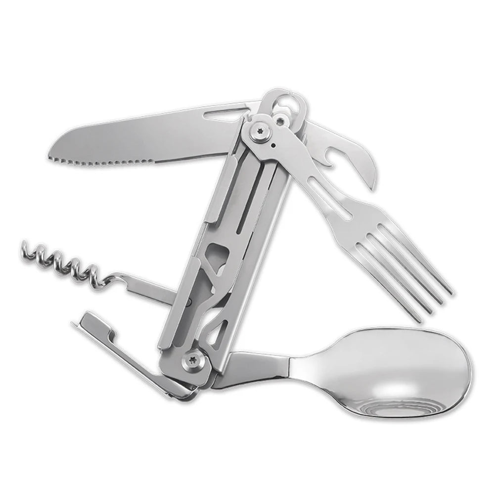 1 pc 6 in 1 Multifunctional Cutlery Set Outdoor Tableware Camping Portable Meal Knife Fork Spoon Bottle Outdoor Camping Cookware