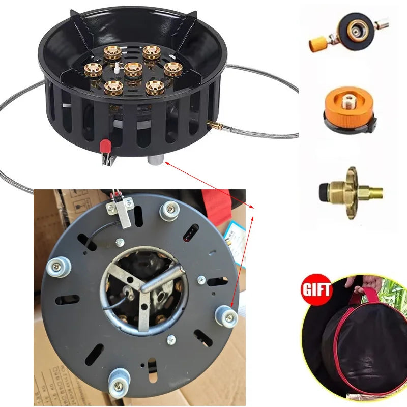 7-Core Camping Stove High-Power Strong Fire Portable Tourist Gas Burner Windproof Electronic Ignition Camping Equipment