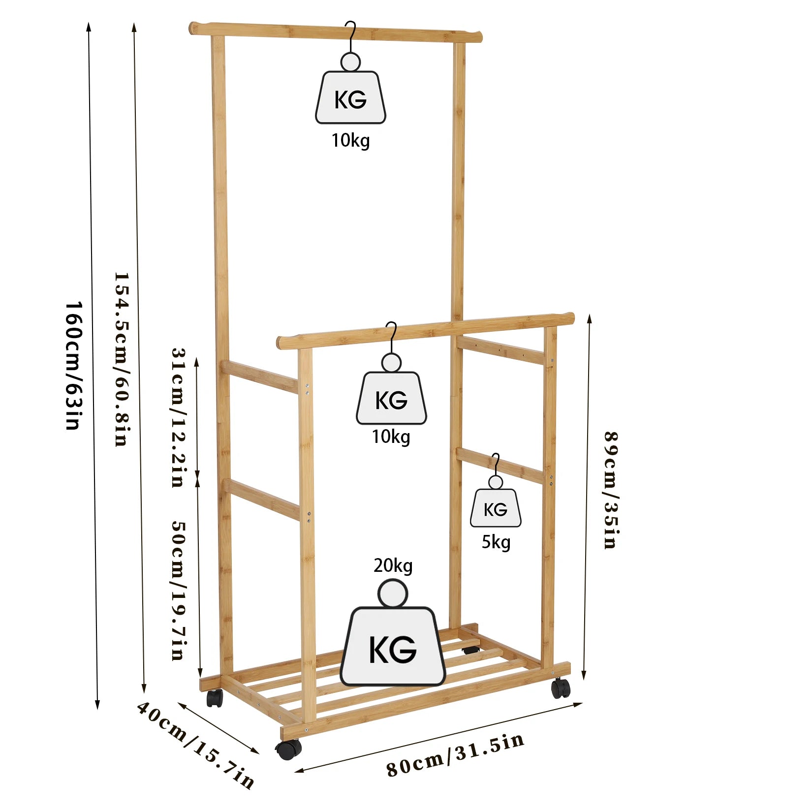 Bamboo Rolling Clothes Rack with Double Rails and Shelf Portable Open Wardrobe Storage