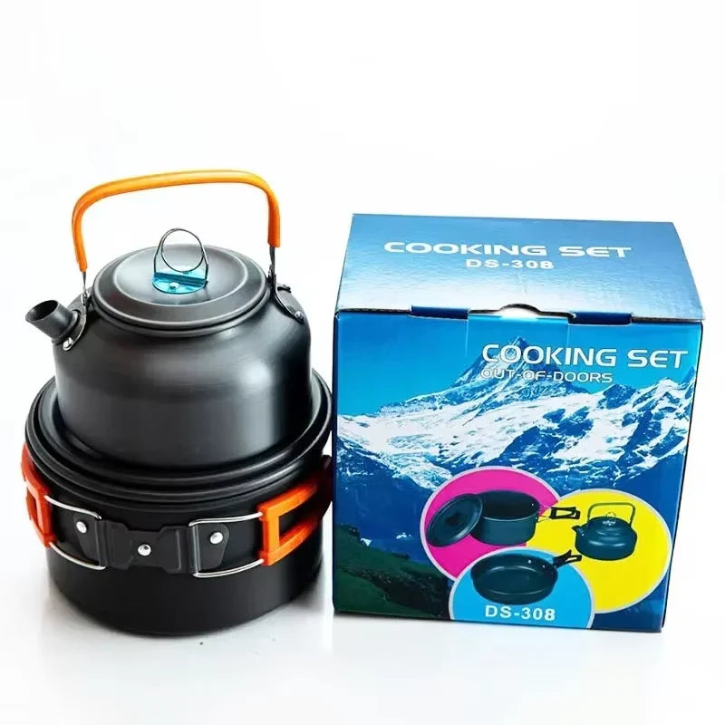 Portable Camping Cookware Set Aluminum Nonstick Pots and Pan with Kettle for Outdoor Cooking