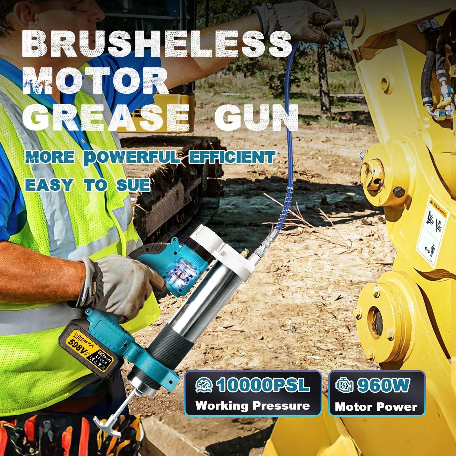 Cordless Brushless Electric Grease Gun 960W 69MPa High Pressure Lubrication Tool with Work Light