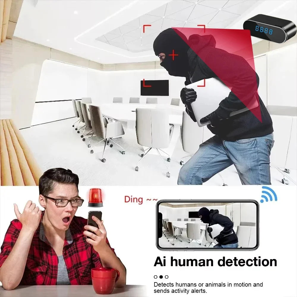 Mini Clock Camera 1080P WiFi 120 Degree Night Vision Motion Detection with 32GB Card