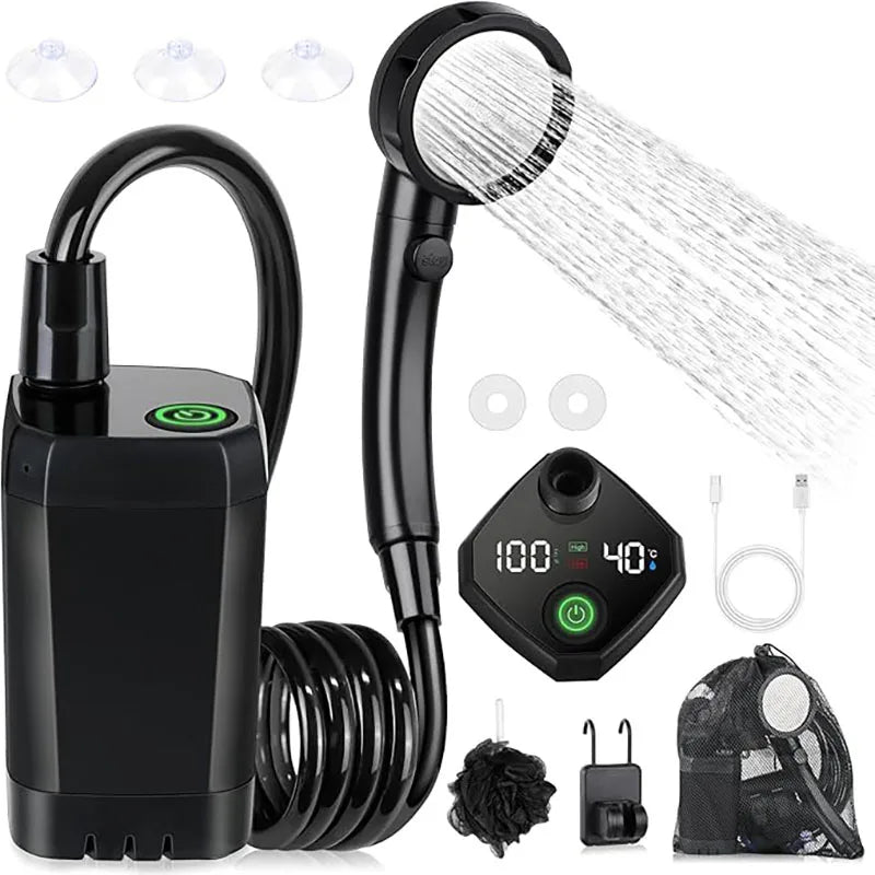 Portable Rechargeable Camping Shower with LED Display 6000mAh Electric Shower Pump and Adjustable Shower Head