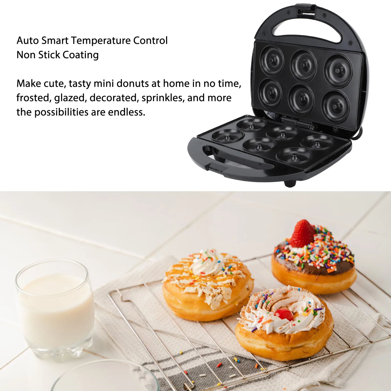 Portable Mini Donut Maker Machine 750W with Non-Stick Plates and Double-Sided Heating