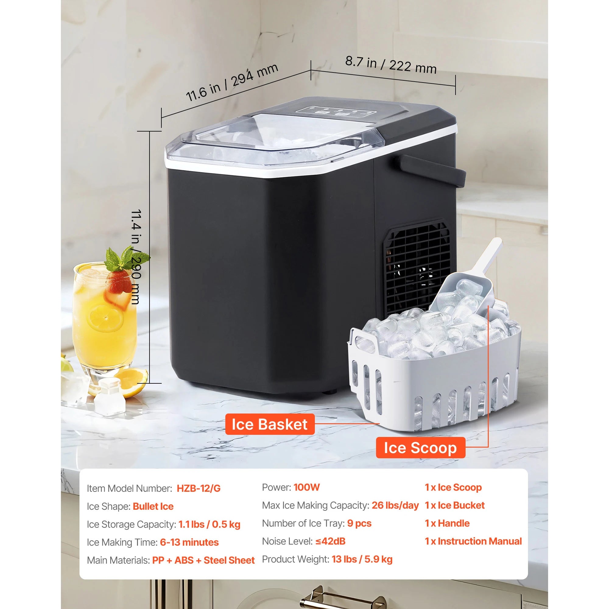 Countertop Ice Maker 100W 9 Cubes Portable Bullet Ice Machine with Basket and Scoop