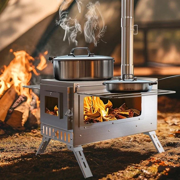 Portable Stainless Steel Camping Wood Stove with Chimney Pipes for Outdoor Cooking and Camping Use