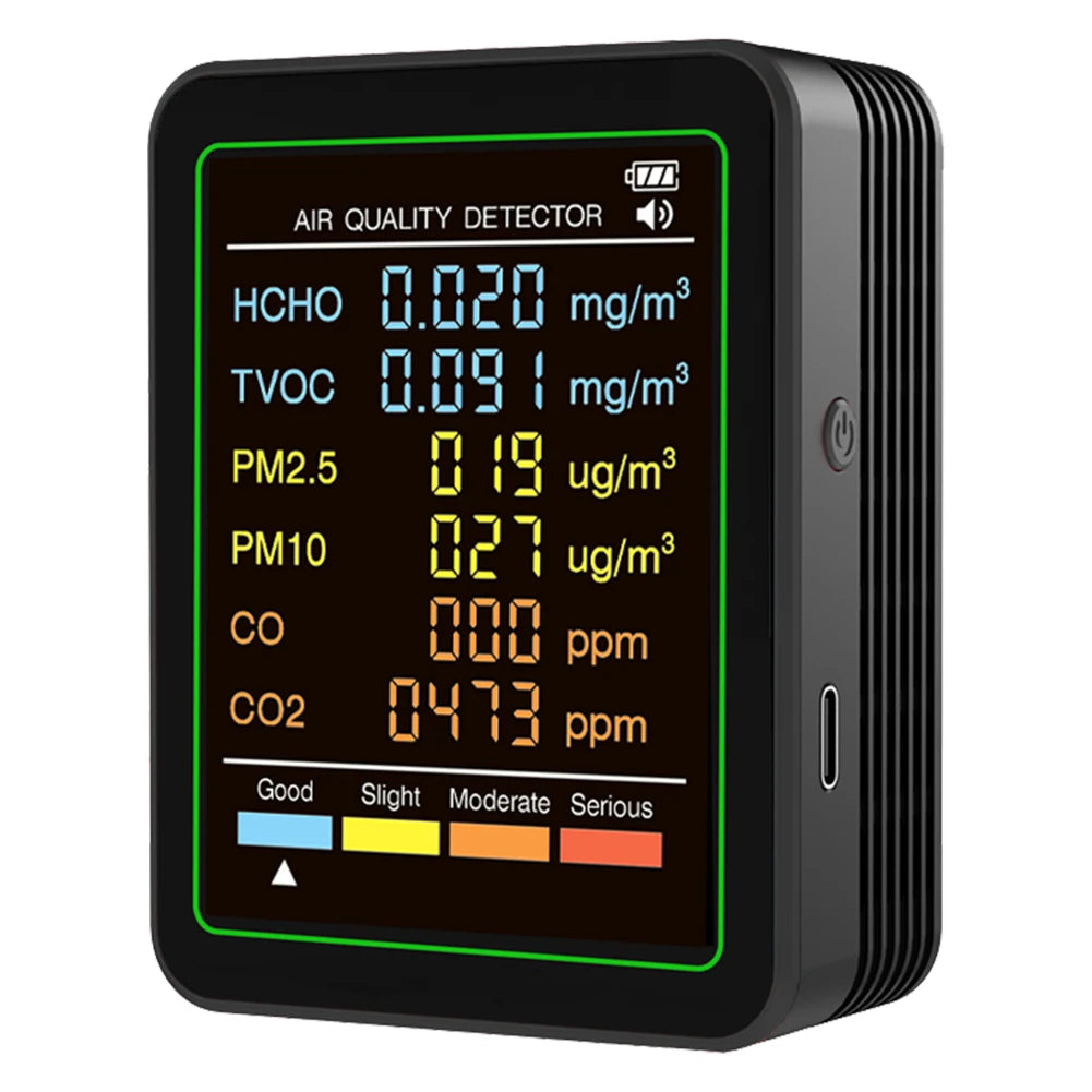 6-in-1 Air Quality Monitor with CO2, TVOC, CO, PM, Temperature & Humidity Detection – Portable