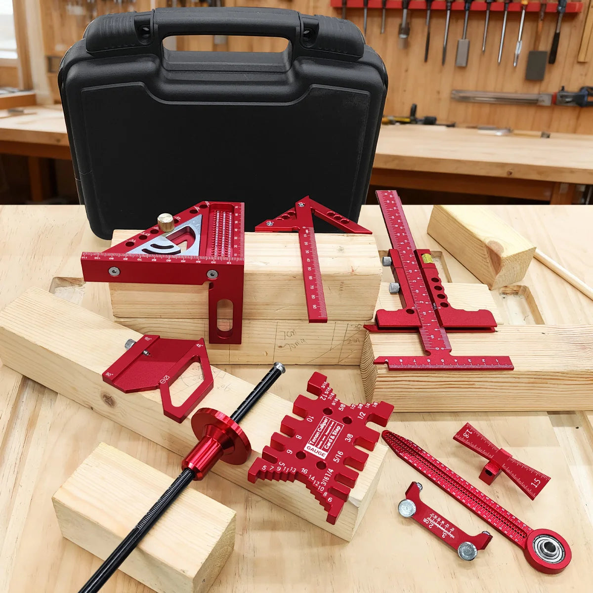 Multi Angle Woodworking Square and Marking Tool Set with Storage Case 10 Piece Layout Kit