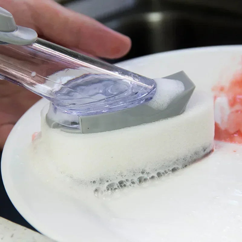 Multi-Function Dish Cleaning Brush with Soap Dispenser Scraper and 2 Sponge Heads
