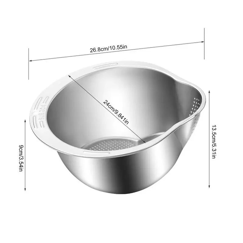 Stainless Steel Rice Washing Bowl with Integrated Strainer Colander for Rice Fruit and Vegetable Washing